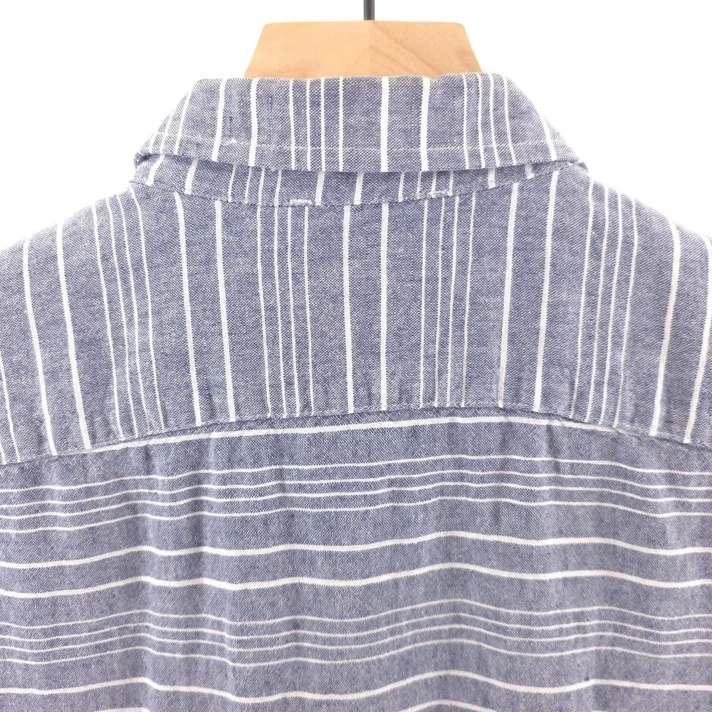 Banana Republic Mens Shirt S Blue White Striped Linen Cotton Short Sleeve Button